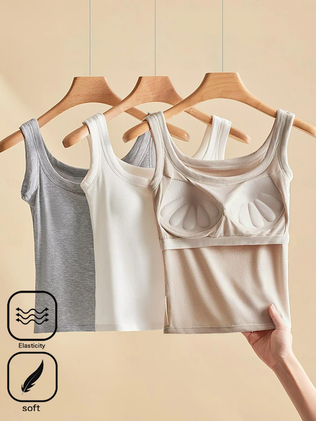 

Casual Knitted Crew Neck Plain Tank Top, Apricot, Tank Tops & Camis