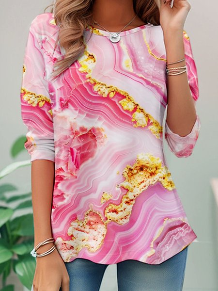

Casual Abstract Crew Neck Long Sleeve T-shirt, Pink, T-shirts