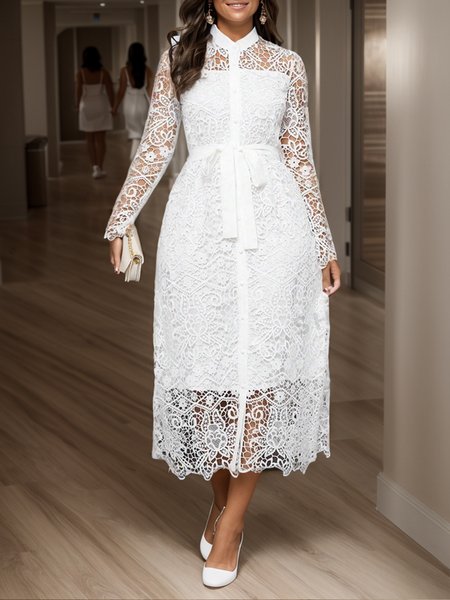 

Regular Sleeve Floral Elegant Shirt Collar Buttoned Dress With Belt, White, Midi Dresses