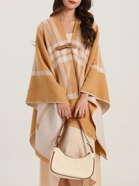 

Elegant Plaid Contrasting Loose Buttoned Commuting Shawl, Khaki, Gloves