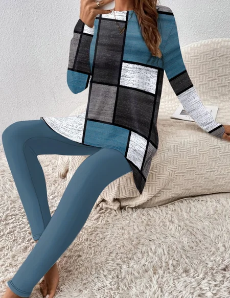 

Women's Jersey Geometric Daily Going Out Two Piece Set Long Sleeve Casual Spring/Fall Top With Pants Matching Set, Blue, Suit Set