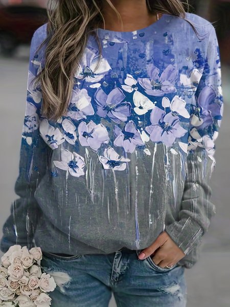 

Casual Crew Neck Floral Sweatshirt, Blue, Hoodies & Sweatshirts