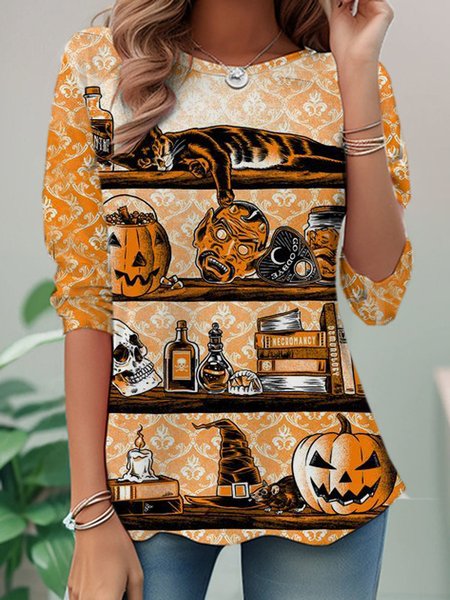 

Casual Halloween Crew Neck Long Sleeve T-shirt, Multicolor, T-shirts
