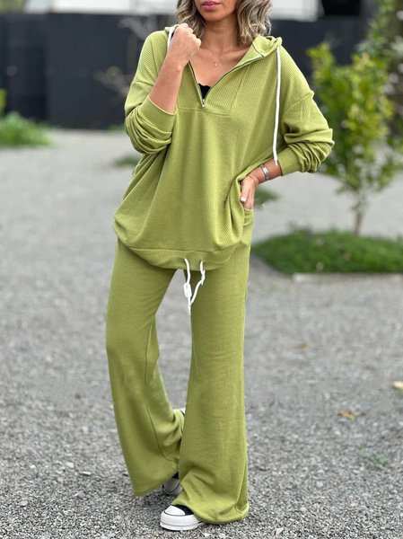 

Women Plain Hoodie Long Sleeve Comfy Casual Top With Pants Two-Piece Set, Green, Sets