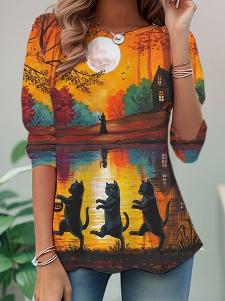 

Casual Halloween Crew Neck Long Sleeve T-shirt, Multicolor, T-shirts