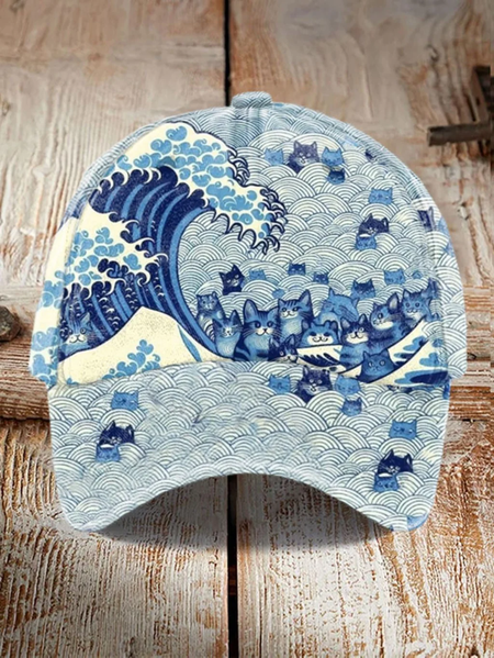 

Blue Waves&Cats Print Hat, Hats