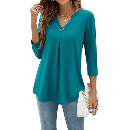 

Casual Plain V Neck Three Quarter Sleeve T-shirt, Aqua blue, T-shirts