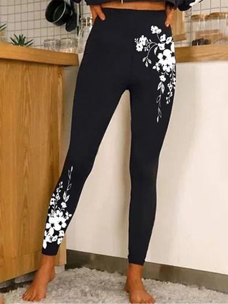 

Jersey Floral Casual Leggings, Black, Leggings
