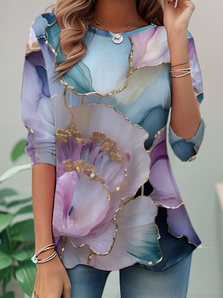 

Casual Floral Crew Neck Long Sleeve T-shirt, Multicolor, T-shirts