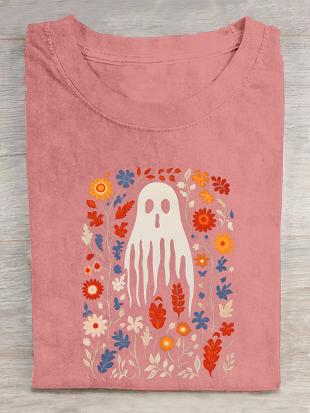 Cute Ghost Retro Floral Cotton T-Shirt, Orange pink, T-shirts