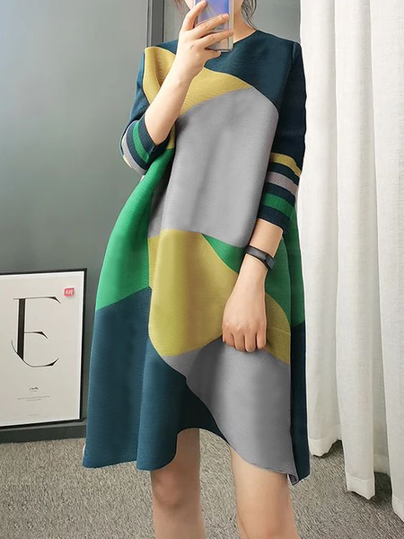

Urban Geometric Crew Neck Regular Sleeve Dress, As picture, Midi Dresses