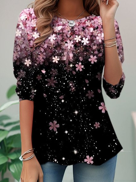 

Casual Floral Crew Neck Long Sleeve T-shirt, Pink, T-shirts