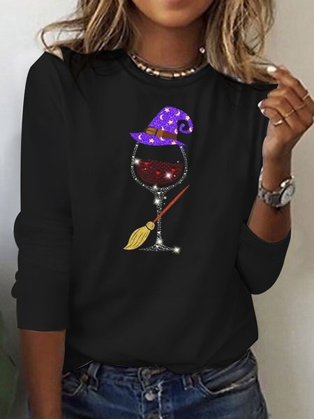 

Crew Neck Long Sleeve Geometric Printing Regular Loose Blouse For Women, Black, T-shirts