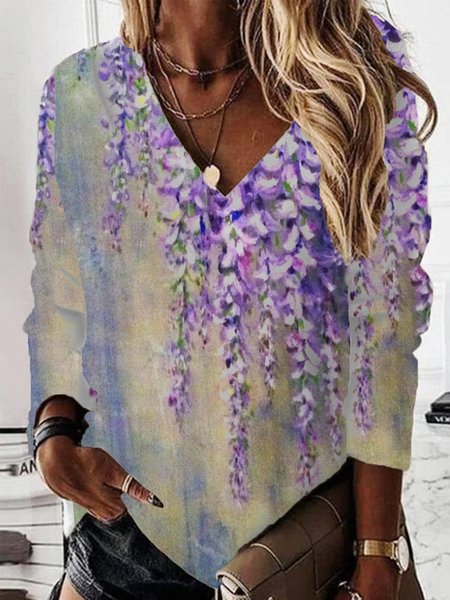 

Casual V Neck Floral Sweatshirt, Purple, Hoodies & Sweatshirts