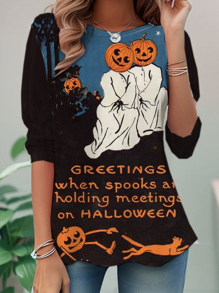 

Casual Halloween Crew Neck Long Sleeve T-shirt, Multicolor, T-shirts