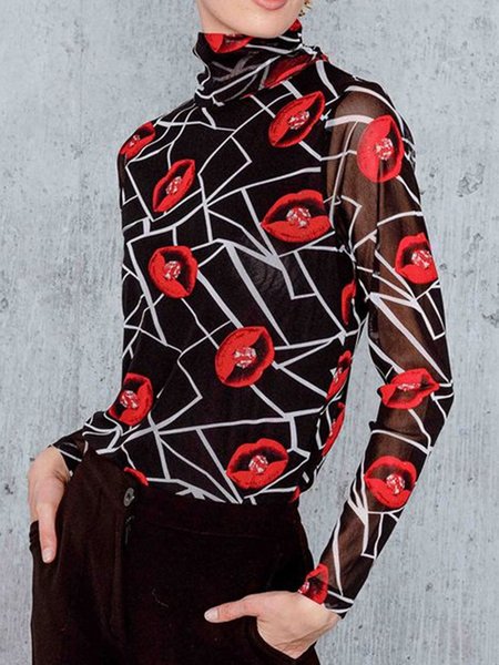 

Regular Sleeve Urban Printing Mock Neck T-Shirt, As picture, Tees