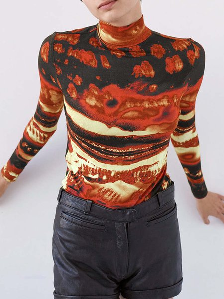 

Urban Turtleneck Printing Tight Regular Sleeve T-Shirt, As picture, Tees