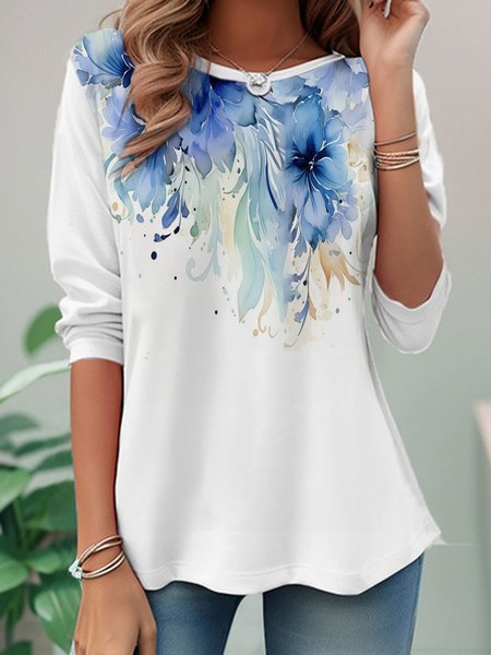 

Casual Floral Crew Neck Long Sleeve T-shirt, White, T-shirts