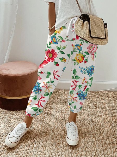 

Women Casual Floral Print Loose Long Pants, White, Pants