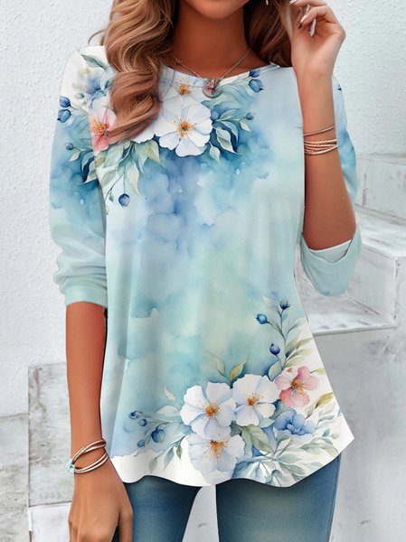 

Loose Long-Sleeved Top With Floral Design, Blue, Long sleeves
