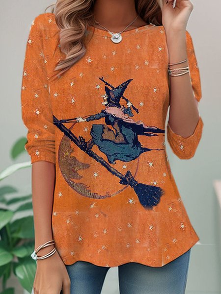 Casual Halloween Crew Neck Long Sleeve T-shirt, Orange red, T-shirts