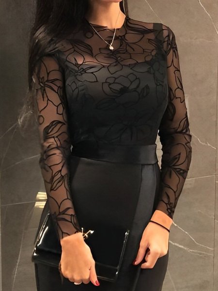 

Regular Sleeve Floral Elegant Tight T-Shirt Including Vest, Black, Tees