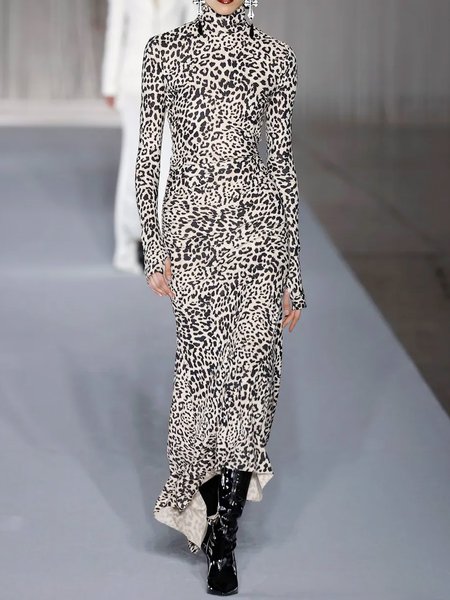 

Urban Turtleneck Leopard Tight Regular Sleeve Dress, As picture, Maxi Dresses