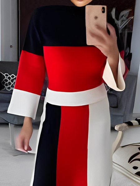 

Regular Sleeve Regular Fit Elegant Color Block Stand Collar Blouse, Black-red, Blouses and Shirts