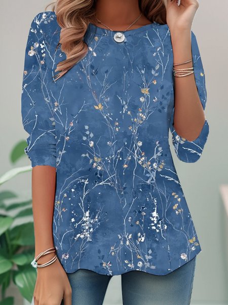 

Casual Floral Crew Neck Long Sleeve T-shirt, Blue, Blouses