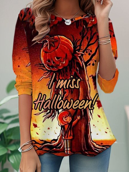 

Casual Halloween Crew Neck Long Sleeve T-shirt, Multicolor, T-shirts