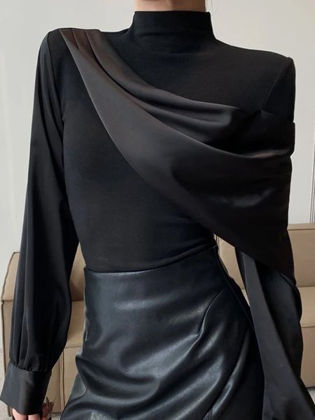 

Elegant Mock Neck Regular Sleeve Split Joint Tight Blouse, Black, Blouses and Shirts