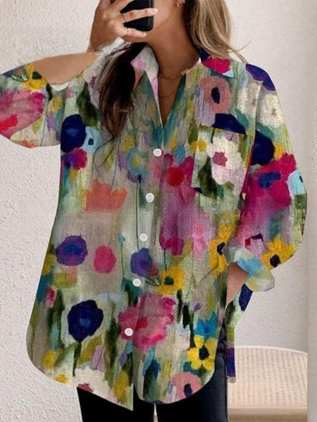

Shirt Collar Long Sleeve Floral Regular Loose Shirt For Women, Multicolor, Shirts