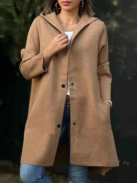 

Loose Wool-Blend Plain Casual Coat, Brown, Outerwear