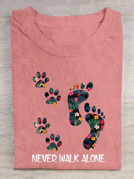 

Never Walk Alone Paw Dog Flower Cotton T-Shirt, Orange pink, T-shirts