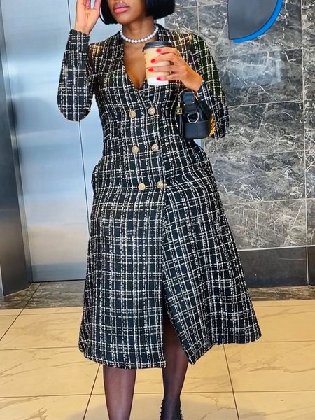 

Urban Plaid Regular Sleeve Regular Fit V Neck Midi Dress, Black-white, Midi Dresses