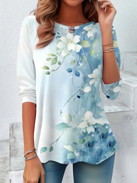 

Loose Long-Sleeved Top With Floral Design, Blue, Long sleeves