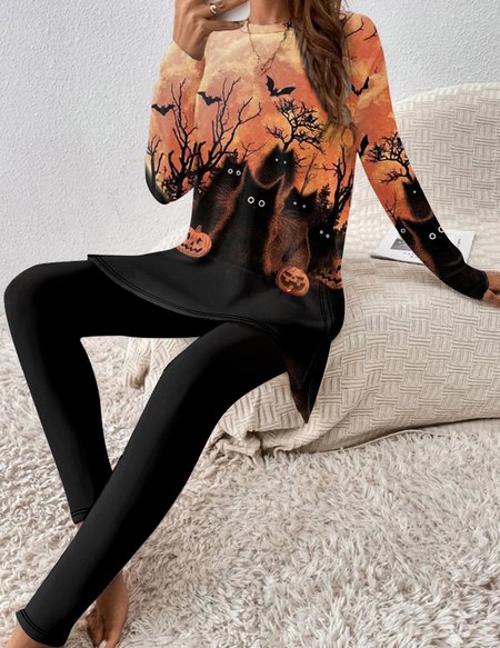 

Women's Printing Jersey Halloween Daily Going Out Two Piece Set Long Sleeve Vintage Spring/Fall Top With Pants Matching Set, Orange, Suit Set