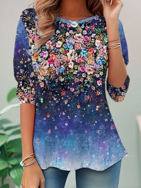 

Casual Floral Crew Neck Long Sleeve T-shirt, Blue, T-shirts