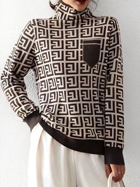 

Loose Casual Turtleneck Regular Sleeve Sweater, Brown, Pullovers