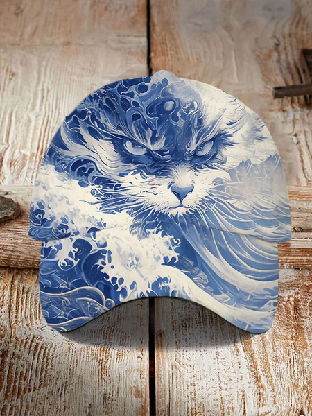 

Blue Waves&Cats Print Hat, Hats