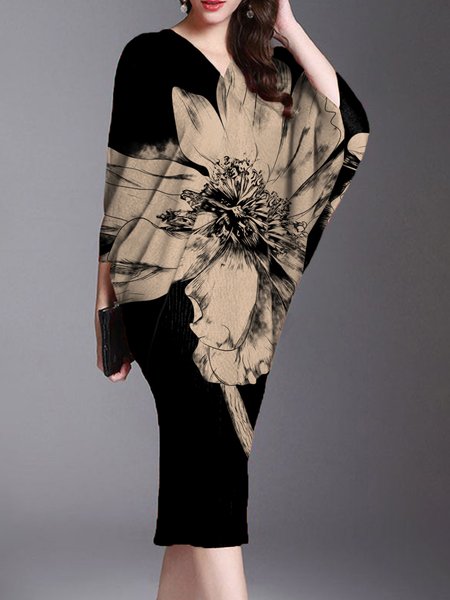

Elegant Floral V Neck Dolman Sleeve Dress, Black, Midi Dresses