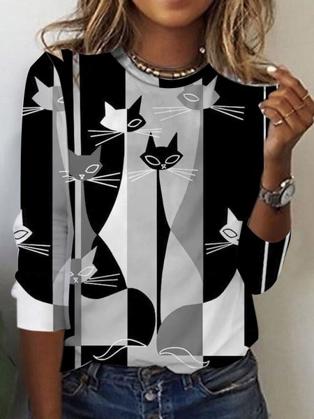 

Women's Long Sleeve Tee T-shirt Spring/Fall Cat Printing Jersey Crew Neck Daily Going Out Vintage Top, Black, T-Shirts
