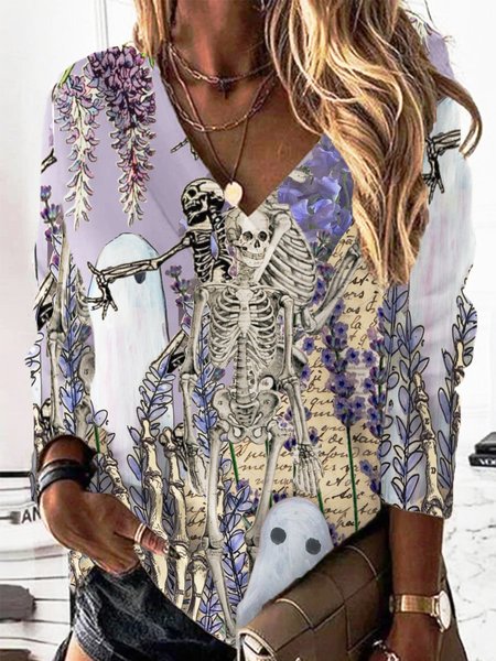 Casual V Neck Halloween Sweatshirt Printing, Purple, Hoodies & Sweatshirts