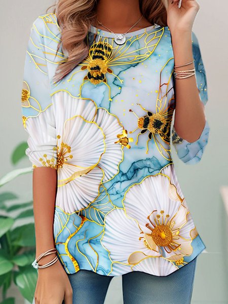 

Casual Floral Crew Neck Long Sleeve T-shirt, Blue, T-shirts