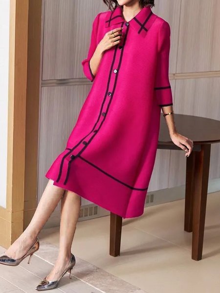 

Regular Size Elegant Three Quarter Sleeve Shirt Dress, Deep pink, Midi Dresses