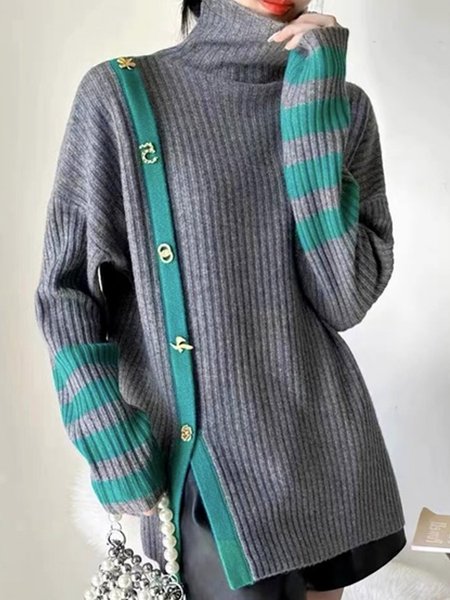 

Striped Regular Sleeve Urban Loose Turtleneck Sweater, As picture, Pullovers