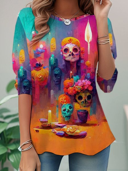 

Casual Halloween Crew Neck Long Sleeve T-shirt, Multicolor, T-shirts