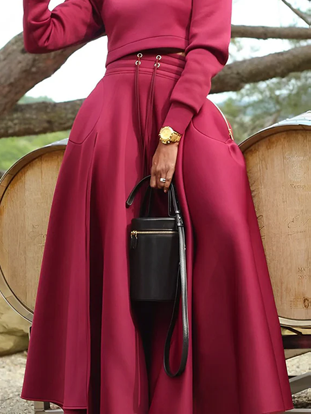 

Medium Elasticity Loose Casual Pocket Stitching Plain Maxi Skirt, Red, Skirts