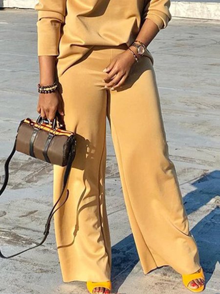 

Daily High Waist Plain Casual Wide leg Pants, Yellow brown, Pants