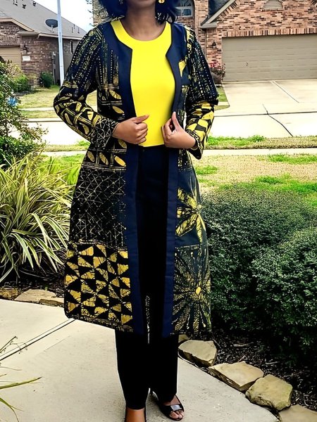 

Urban Ethnic Crew Neck Long Sleeve Trench Coat, Yellow, Trench Coats